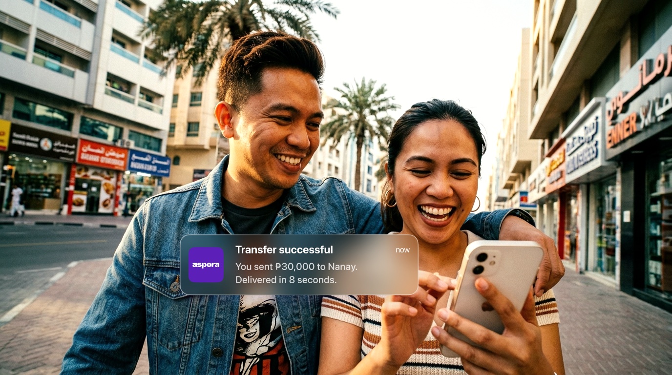 Filipino couple in the UAE receiving money from Aspora